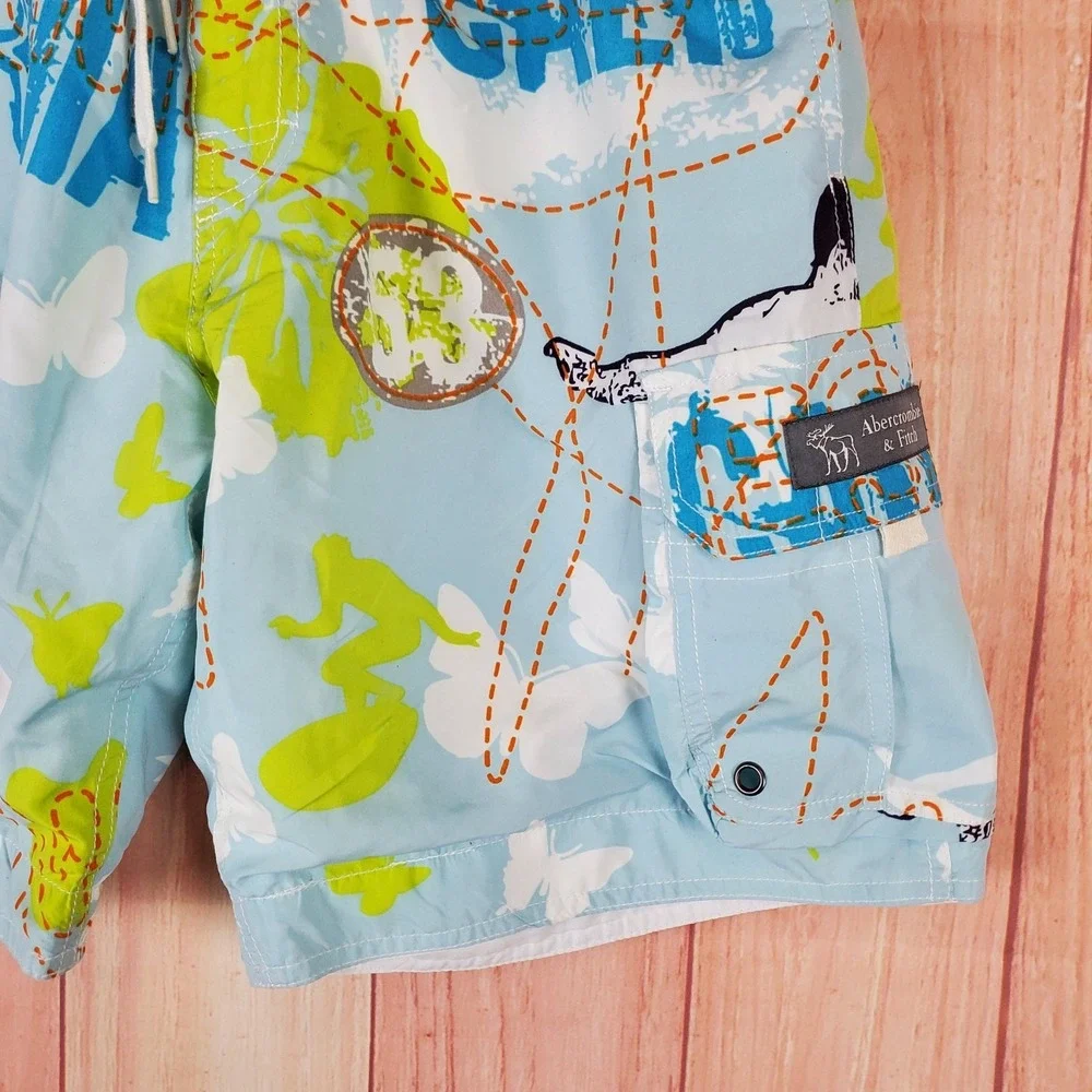 Abercrombie & Fitch Mens Board Shorts Sz Medium Light Blue Graphic Map Y2K